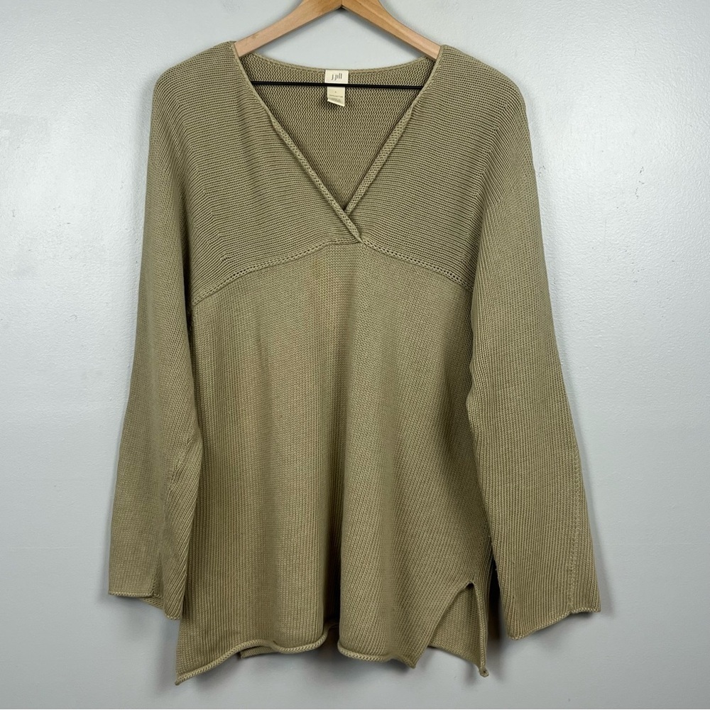 J.Jill olive green 100% cotton tunic length v-neck sweater, large.